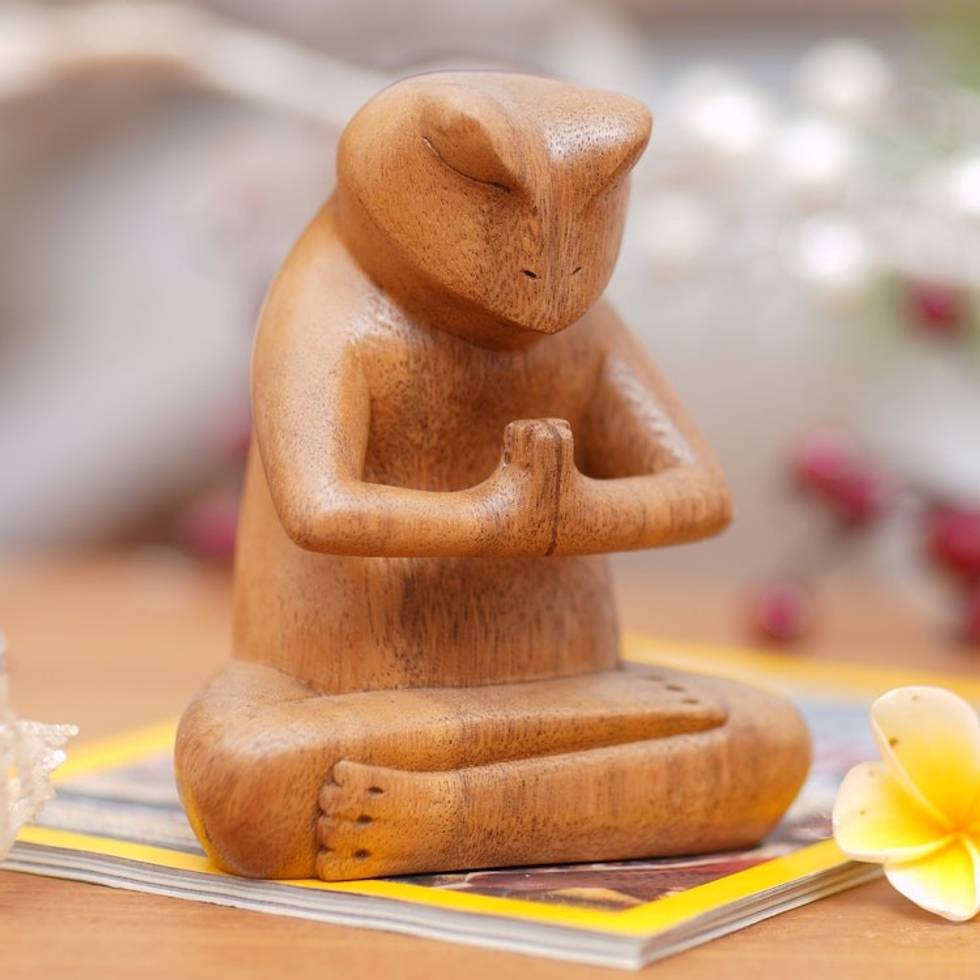 Carved Wood Sculpture 'Asana Pose Yoga Frog'