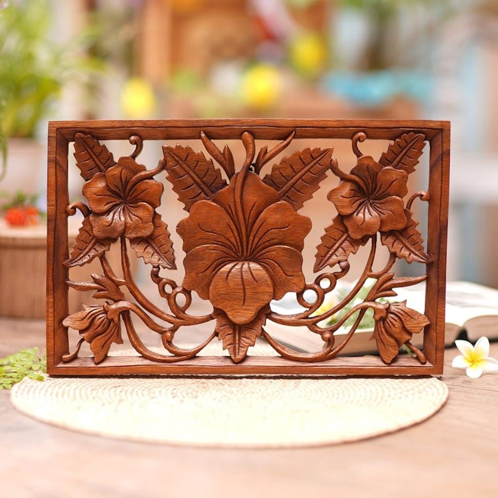 Hand Crafted Floral Wood Relief Panel from Indonesia 'Hibiscus Bouquet'