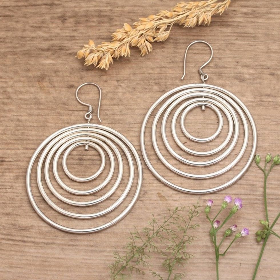 Concentric Circle Handcrafted Dangle Earrings in Silver 925 'Five Haloes'
