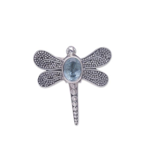 Alternate image for Unique Blue Topaz and Silver Cocktail Ring Gossamer Dragonfly