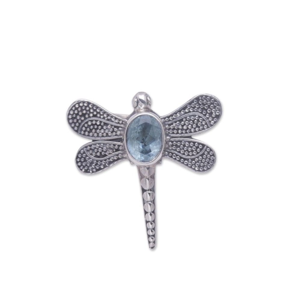 Unique Blue Topaz and Silver Cocktail Ring 'Gossamer Dragonfly'