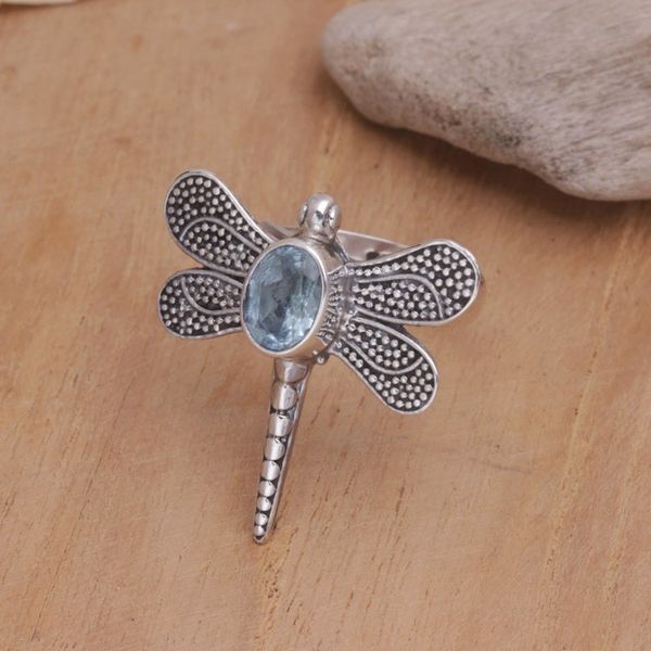 Alternate image for Unique Blue Topaz and Silver Cocktail Ring Gossamer Dragonfly