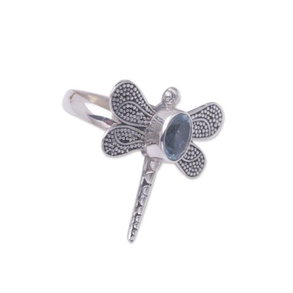 Alternate image for Unique Blue Topaz and Silver Cocktail Ring Gossamer Dragonfly