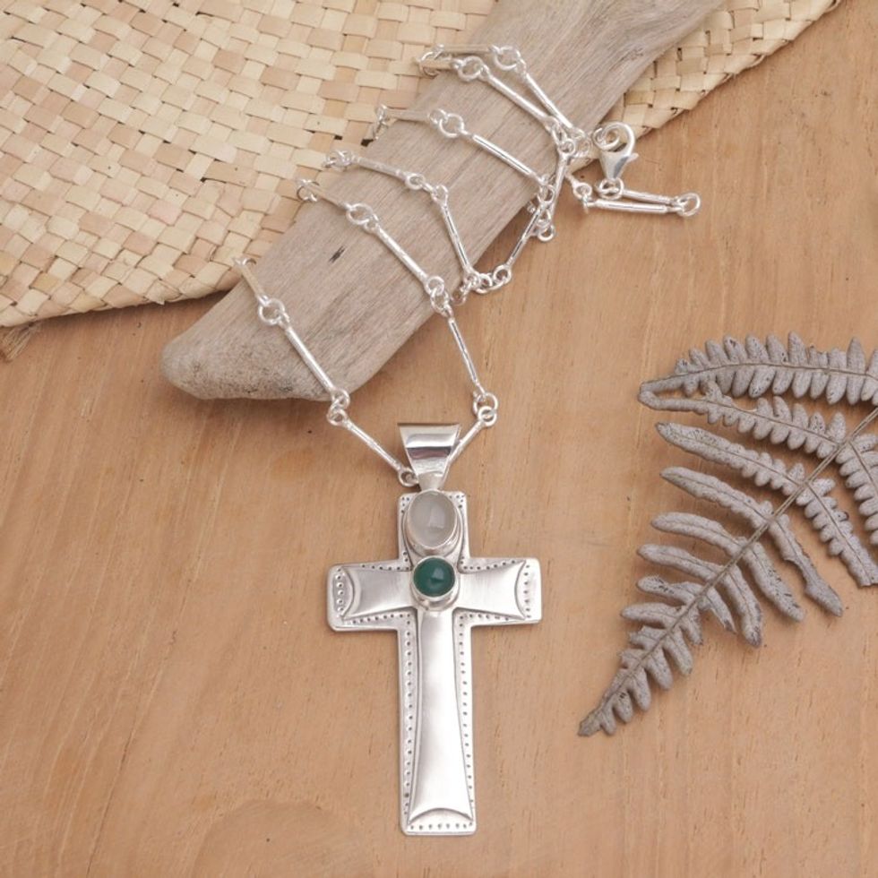 Moonstone and agate cross necklace 'Faith Cross'