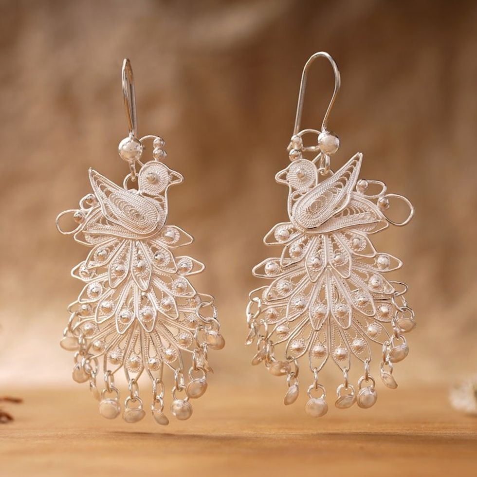 Animal Themed Sterling Silver Chandelier Earrings 'Royal Peacock'