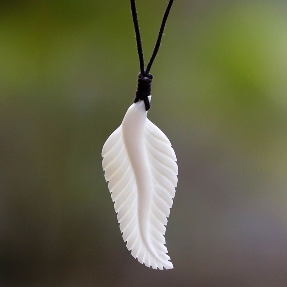 Hand Carved Cow Bone Pendant Necklace 'Javanese Fern'