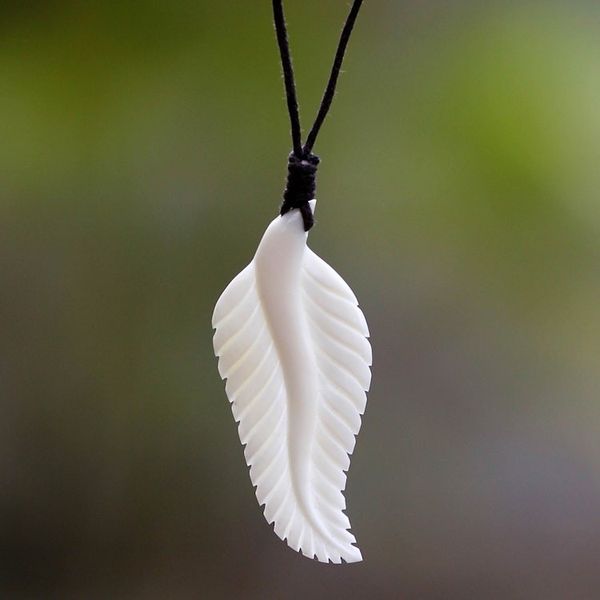 Alternate image for Hand Carved Cow Bone Pendant Necklace Javanese Fern