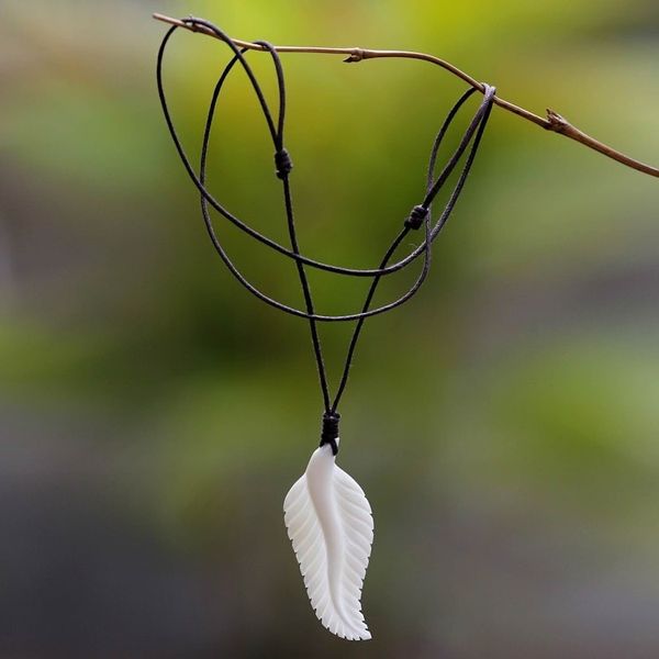 Alternate image for Hand Carved Cow Bone Pendant Necklace Javanese Fern