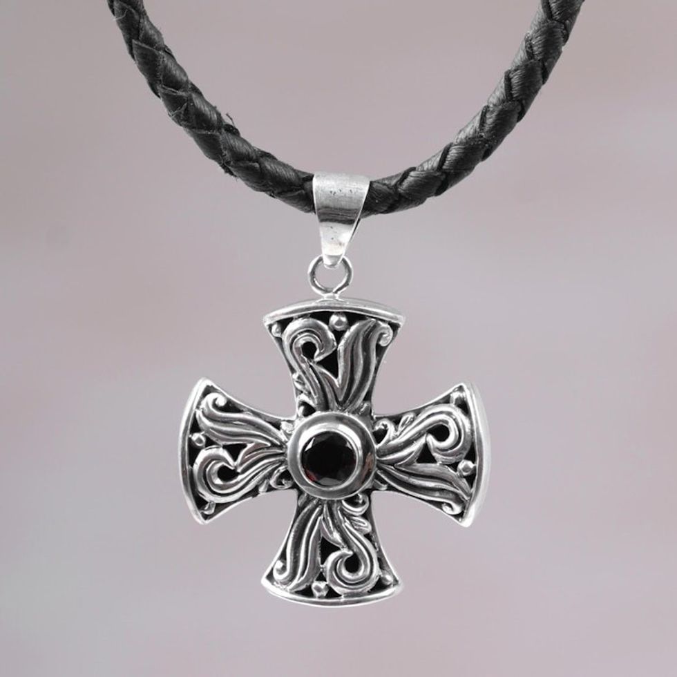 Men's Sterling Silver and Garnet Cross Necklace 'Fire of Faith'