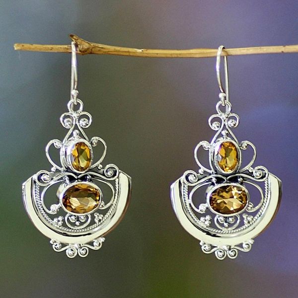 Alternate image for Fair Trade Sterling Silver and Citrine Dangle Earrings Balinese Goddess