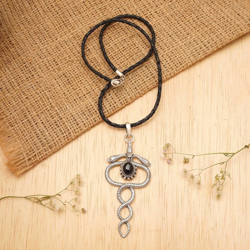 Sterling Silver and Onyx Snake Necklace from Indonesia 'Twin Serpents'