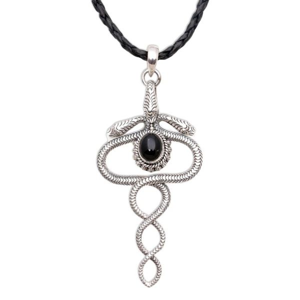Alternate image for Sterling Silver and Onyx Snake Necklace from Indonesia Twin Serpents