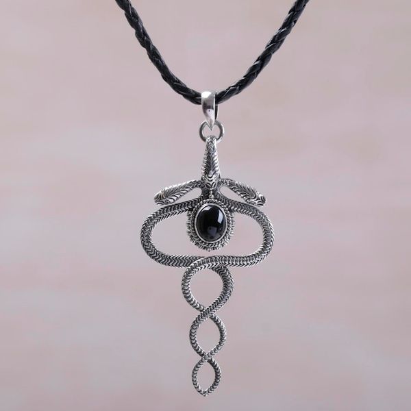 Alternate image for Sterling Silver and Onyx Snake Necklace from Indonesia Twin Serpents