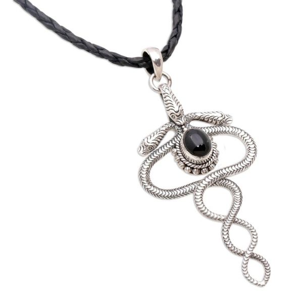 Alternate image for Sterling Silver and Onyx Snake Necklace from Indonesia Twin Serpents