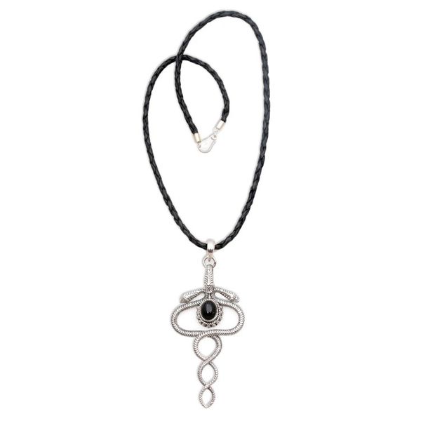 Alternate image for Sterling Silver and Onyx Snake Necklace from Indonesia Twin Serpents