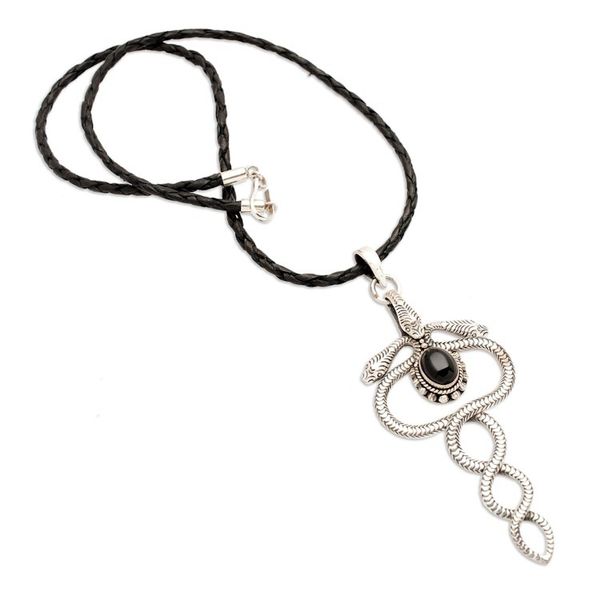 Alternate image for Sterling Silver and Onyx Snake Necklace from Indonesia Twin Serpents