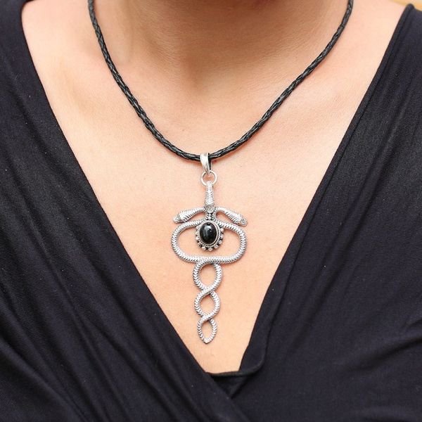 Alternate image for Sterling Silver and Onyx Snake Necklace from Indonesia Twin Serpents
