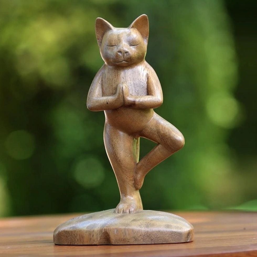 Original Wood Statuette 'Tree Pose Yoga Cat'