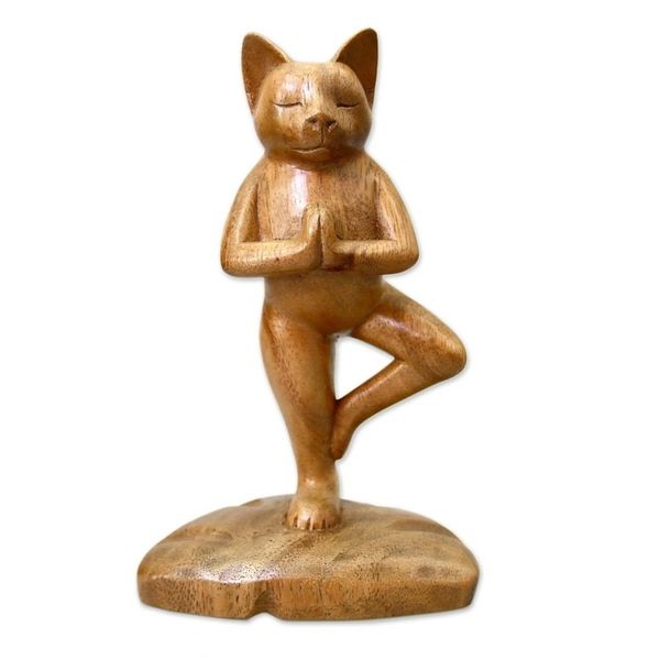 Alternate image for Original Wood Statuette Tree Pose Yoga Cat