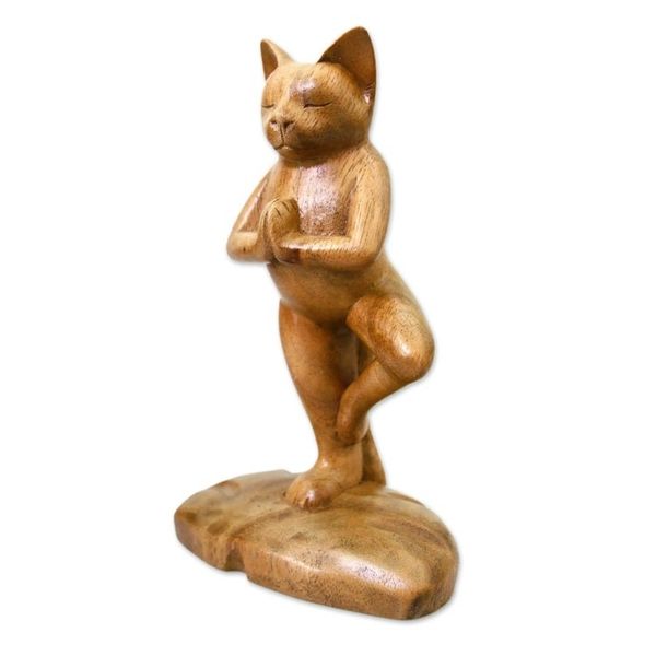 Alternate image for Original Wood Statuette Tree Pose Yoga Cat