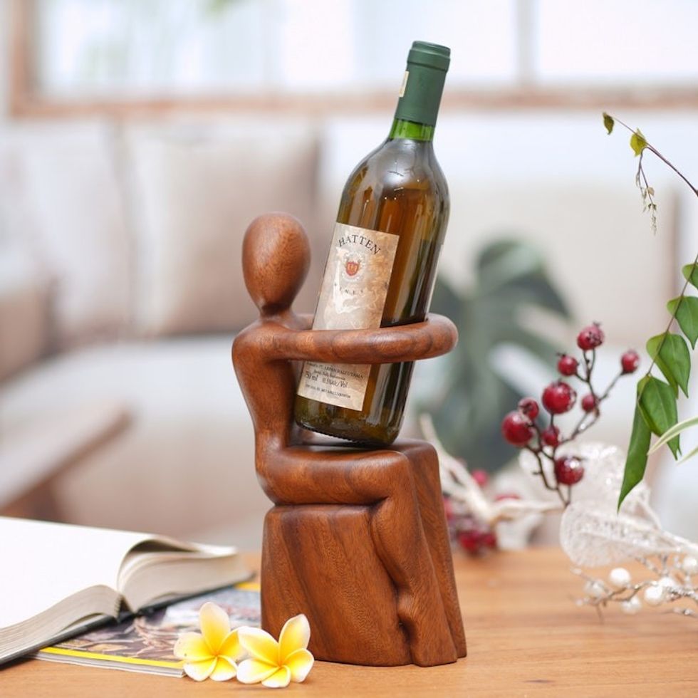 Hand Carved Nude Figure Wine Bottle Holder 'Embrace'