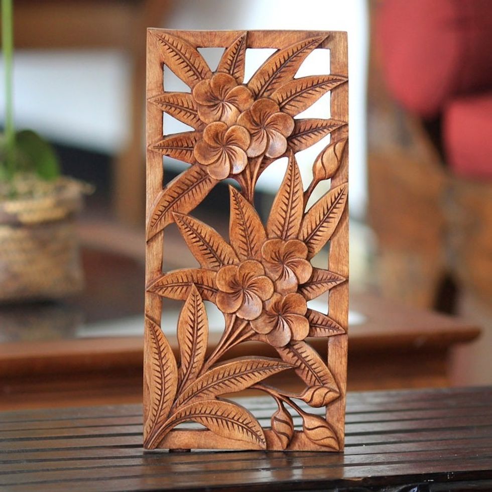 Hand Carved Floral Relief Panel 'Sweet Frangipani Flowers'