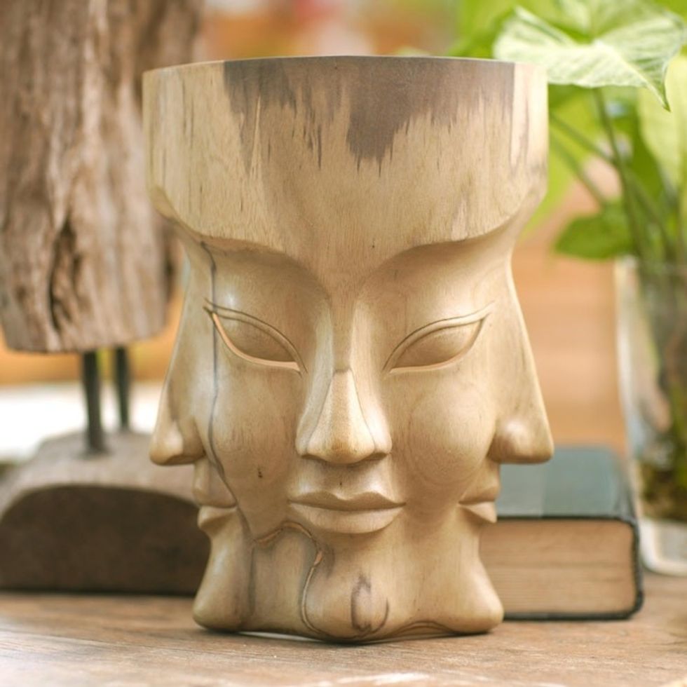 Hand Carved Hibiscus Wood Mask 'Three Dimensions'