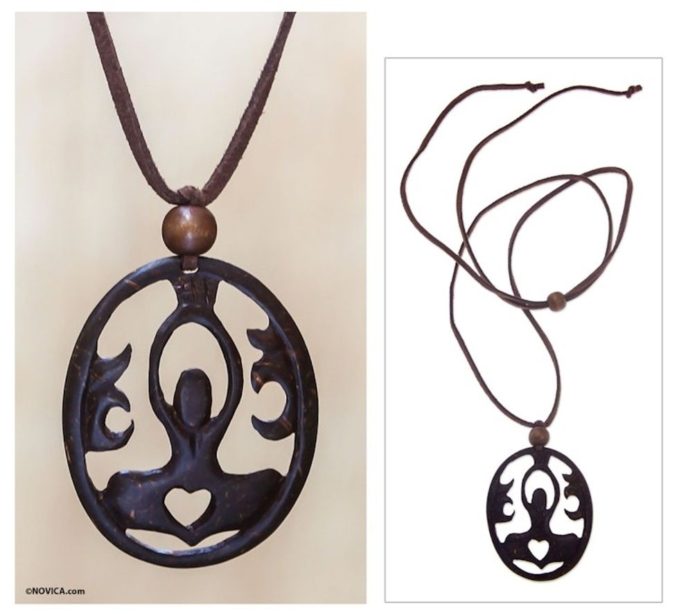 Artisan Crafted Coconut Shell Pendant Necklace 'Sukhasana Yoga'
