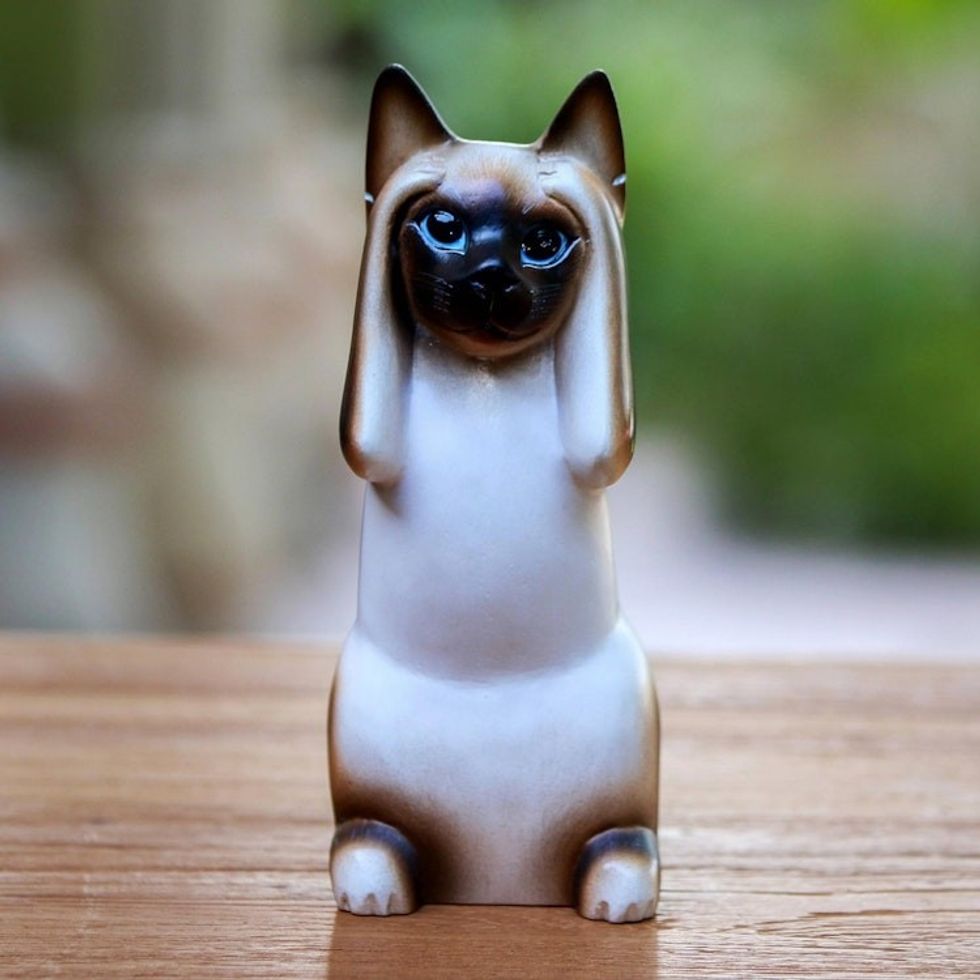 Artisan Crafted Wood Sculpture 'Hear No Evil Siamese Cat'