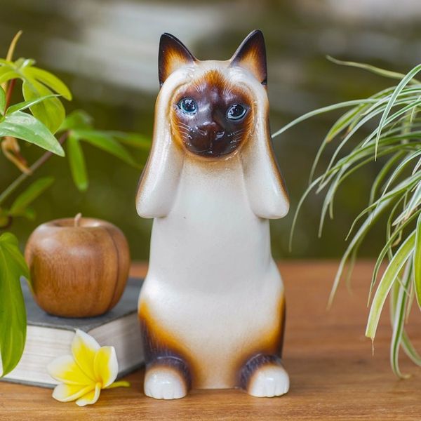 Alternate image for Artisan Crafted Wood Sculpture Hear No Evil Siamese Cat