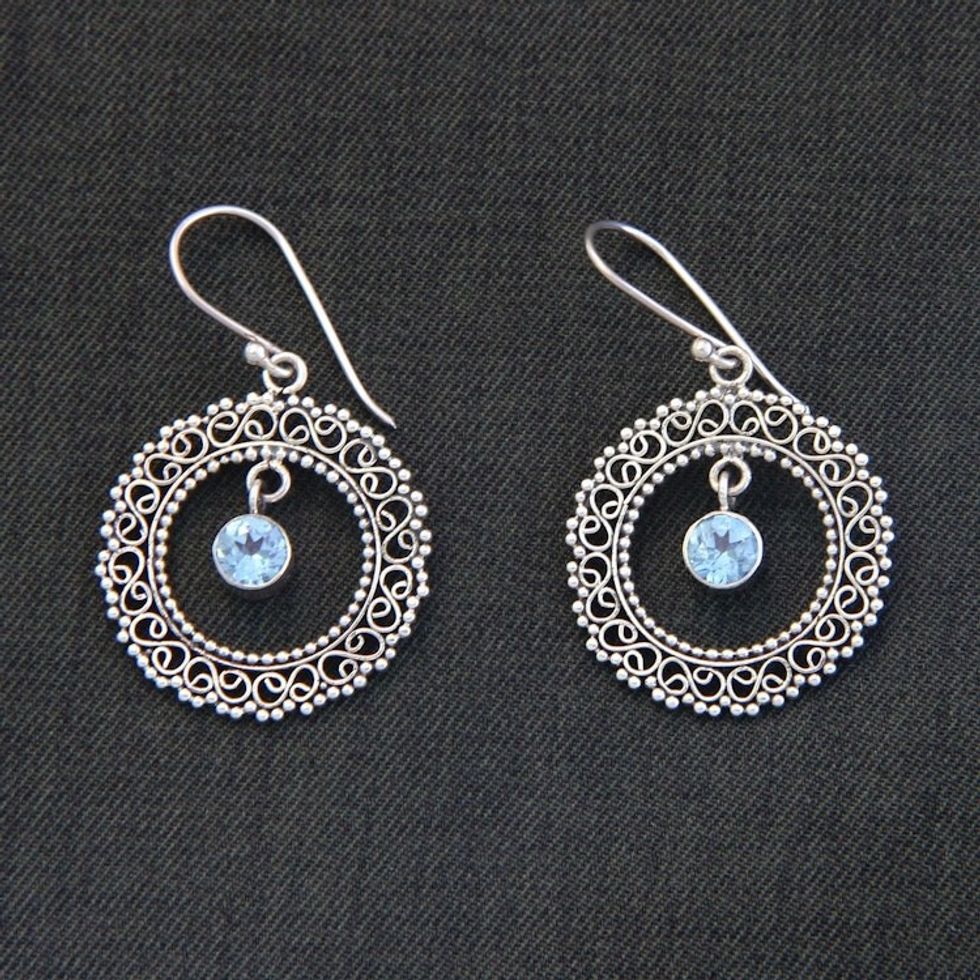 Indonesian Sterling Silver and Blue Topaz Earrings 'Radiant Halo'
