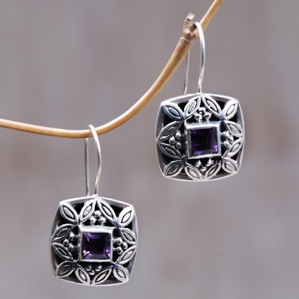Sterling Silver Amethyst Drop Earrings 'Cassava Leaves'