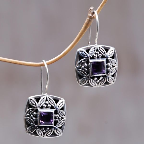 Alternate image for Sterling Silver Amethyst Drop Earrings Cassava Leaves