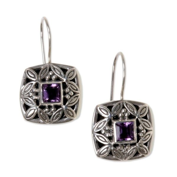 Alternate image for Sterling Silver Amethyst Drop Earrings Cassava Leaves