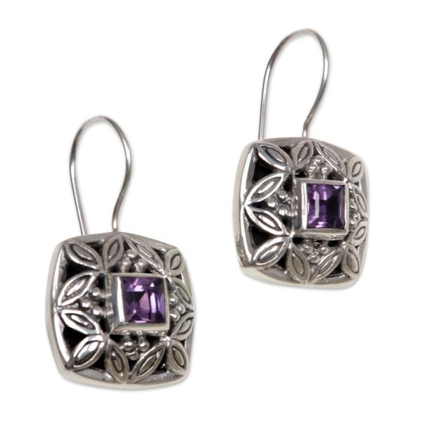 Alternate image for Sterling Silver Amethyst Drop Earrings Cassava Leaves