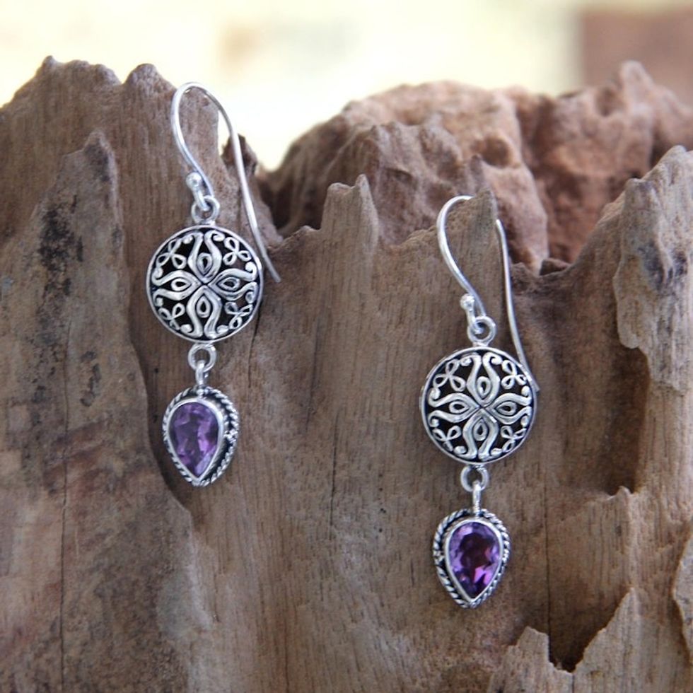 Sterling Silver and Amethyst Dangle Earrings 'Kintamani'