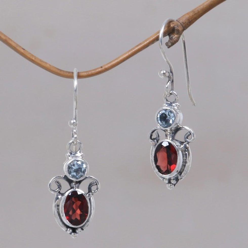 Garnet Sterling Silver Dangle Earrings 'Fire and Ice'