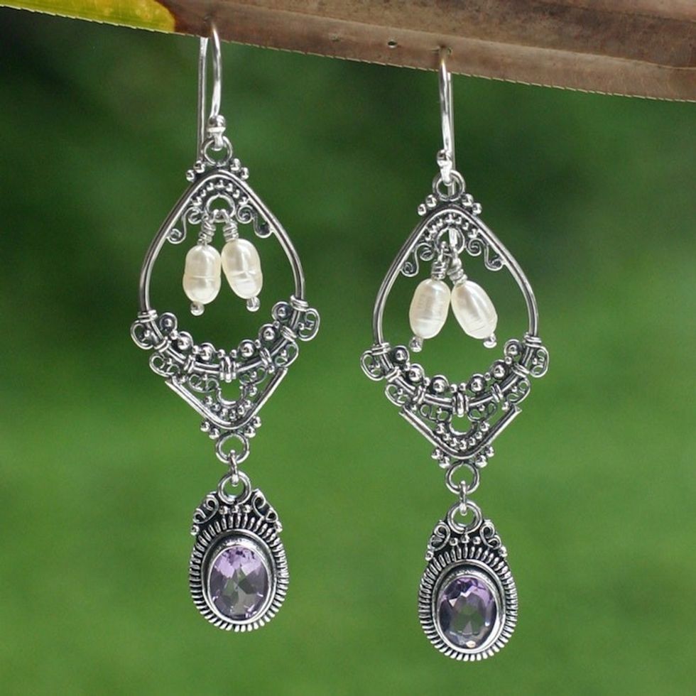 Amethyst and pearl flower earrings 'Empress'