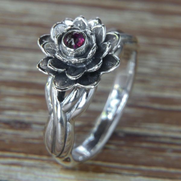 Alternate image for Handcrafted Floral Sterling Silver and Garnet Ring Red-Eyed Lotus