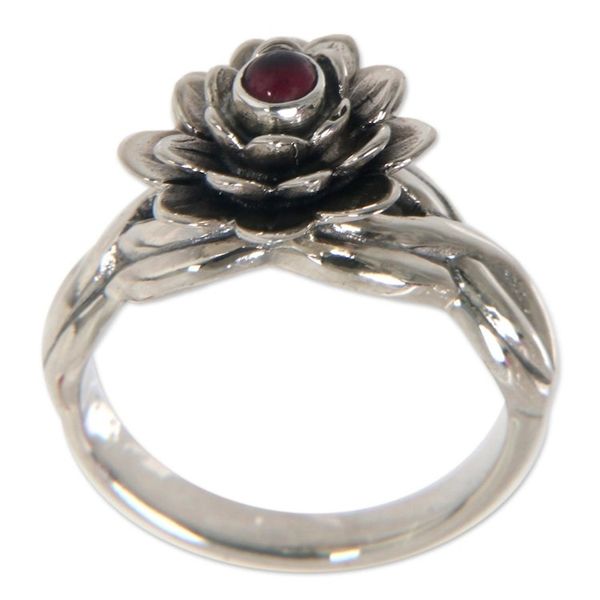 Alternate image for Handcrafted Floral Sterling Silver and Garnet Ring Red-Eyed Lotus