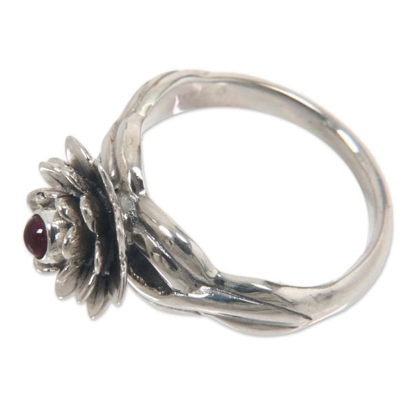 Alternate image for Handcrafted Floral Sterling Silver and Garnet Ring Red-Eyed Lotus