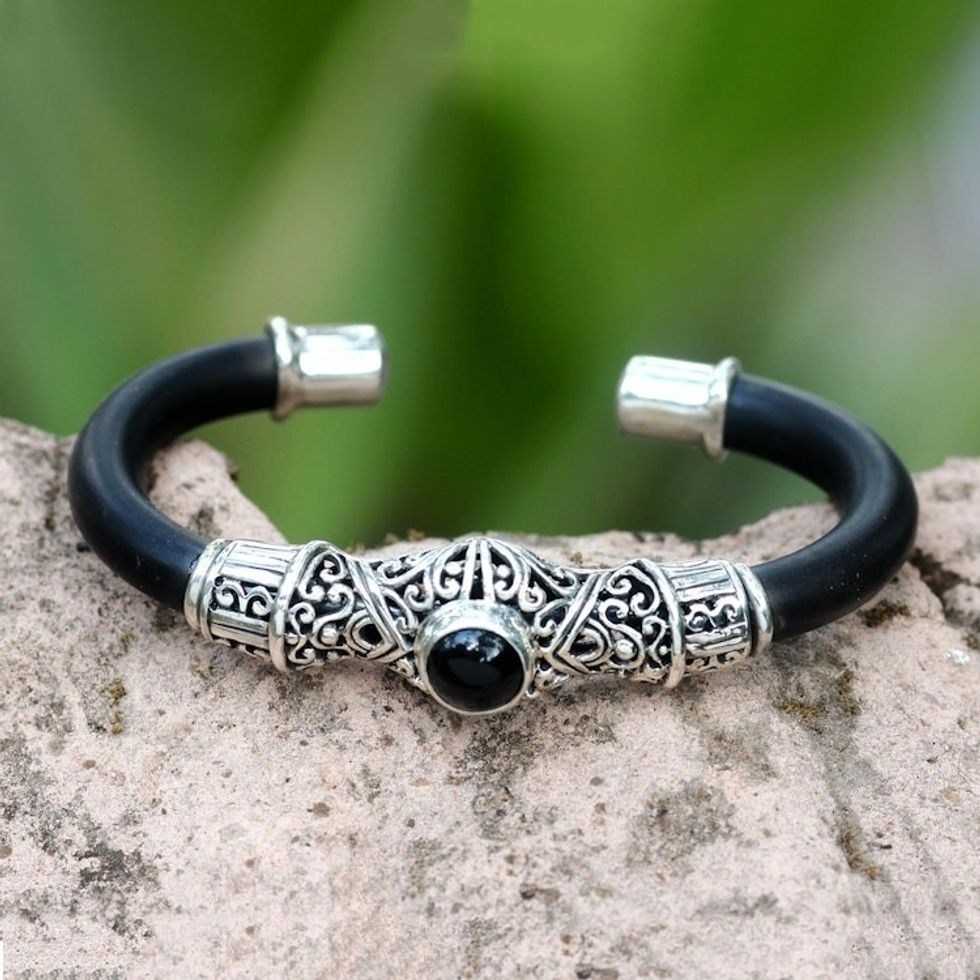 Hand Crafted Sterling Silver and Onyx Cuff Bracelet 'Baroque Moon'