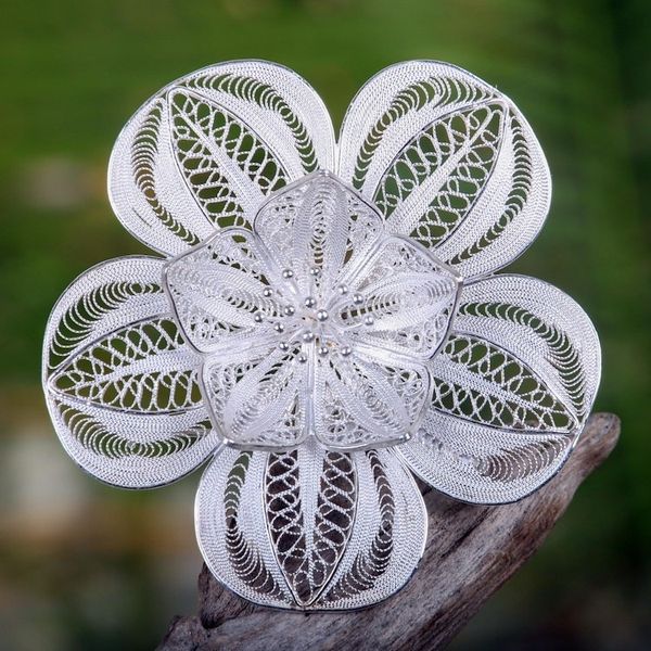 Alternate image for Floral Sterling Silver Filigree Brooch Pin Peacocks Plumes