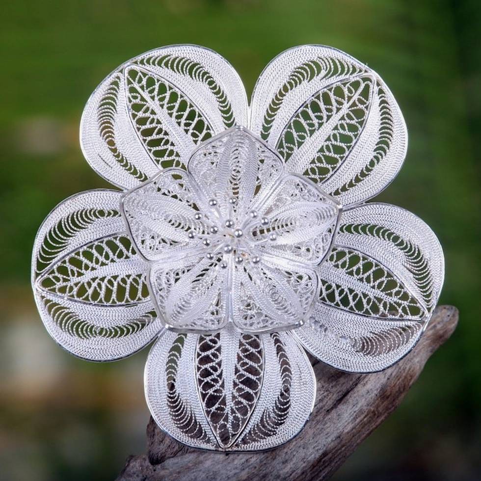 Floral Sterling Silver Filigree Brooch Pin 'Peacock's Plumes'