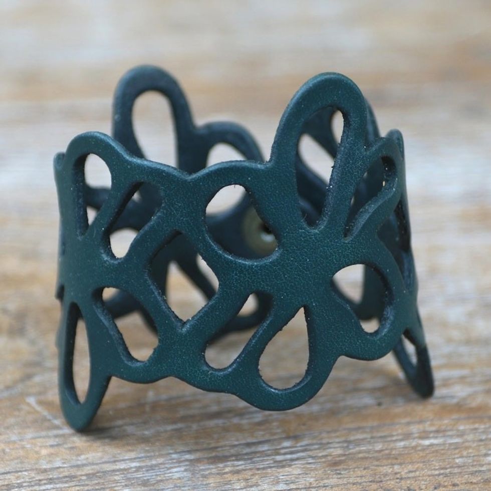 Floral Leather Wristband Bracelet 'Dark Teal Petals'