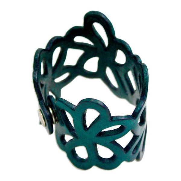 Alternate image for Floral Leather Wristband Bracelet Dark Teal Petals