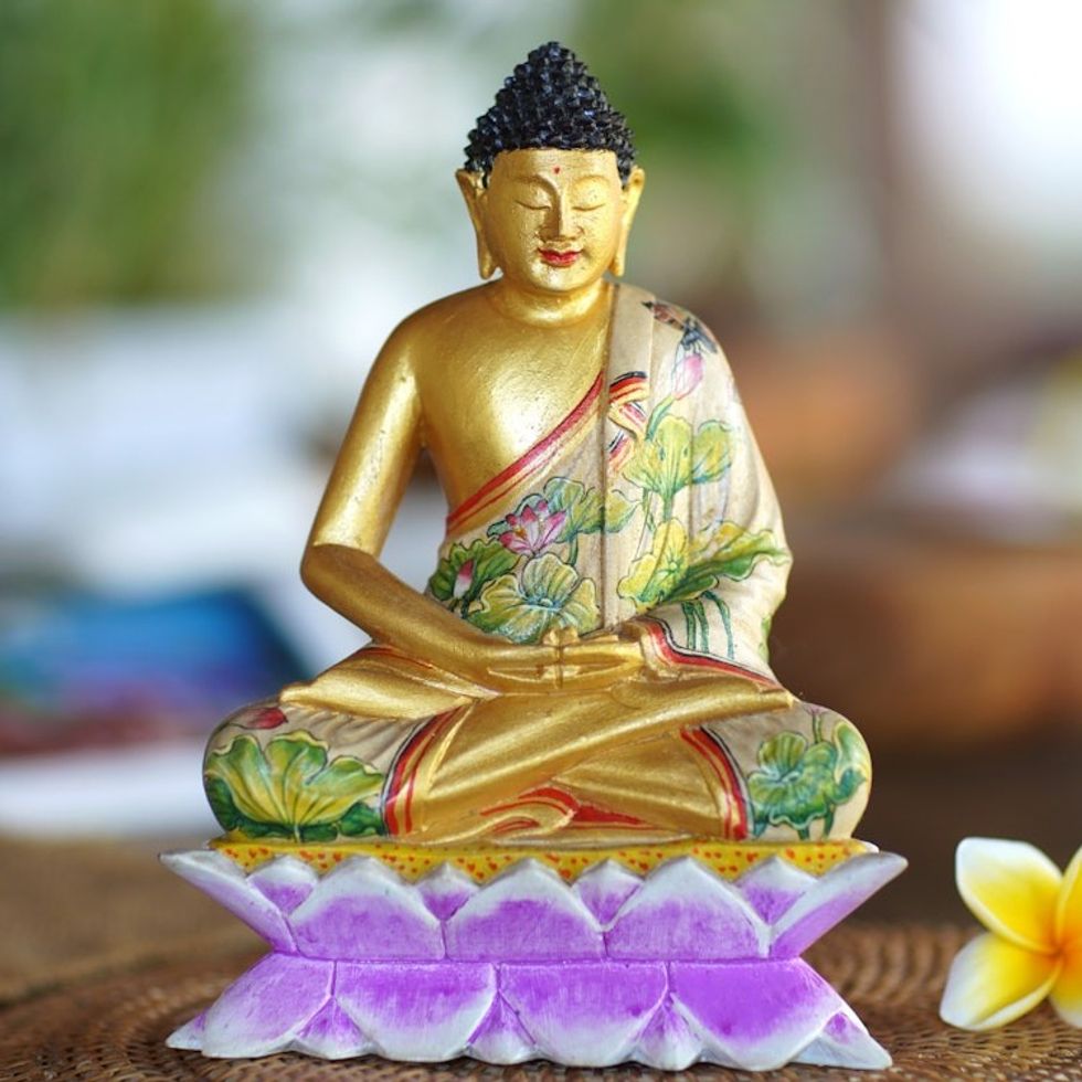 Hand Painted Wood Sculpture 'Buddha on a Lotus'