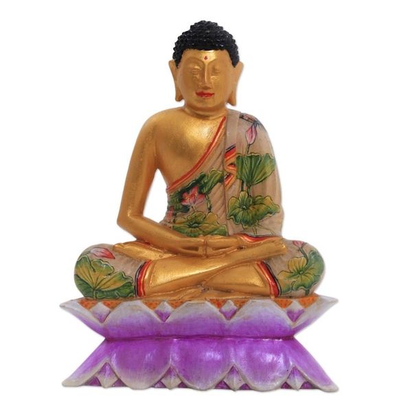 Alternate image for Hand Painted Wood Sculpture Buddha on a Lotus
