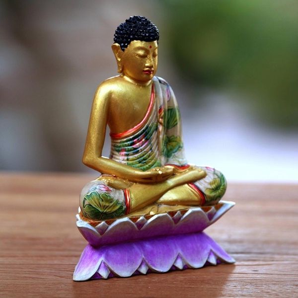 Alternate image for Hand Painted Wood Sculpture Buddha on a Lotus