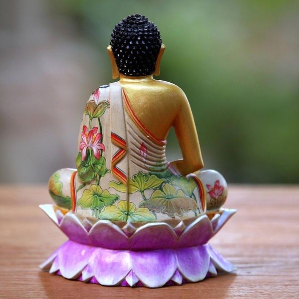 Alternate image for Hand Painted Wood Sculpture Buddha on a Lotus